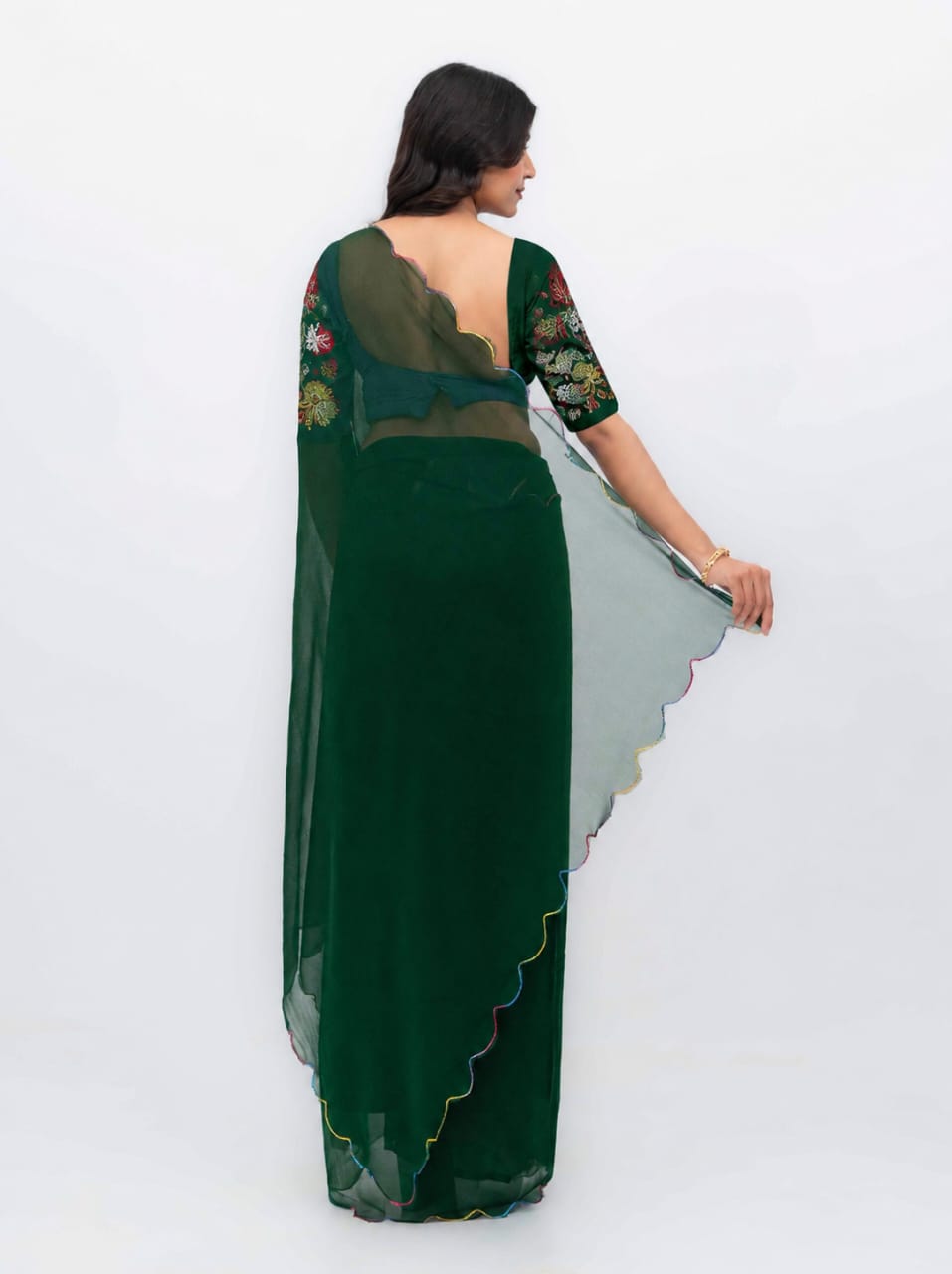 Green Georgette Plain Saree