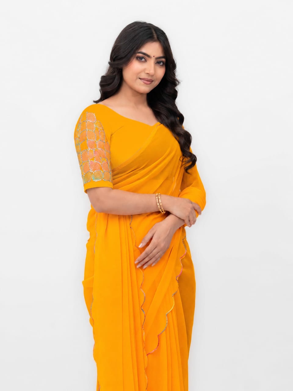 Yellow Georgette Plain Saree
