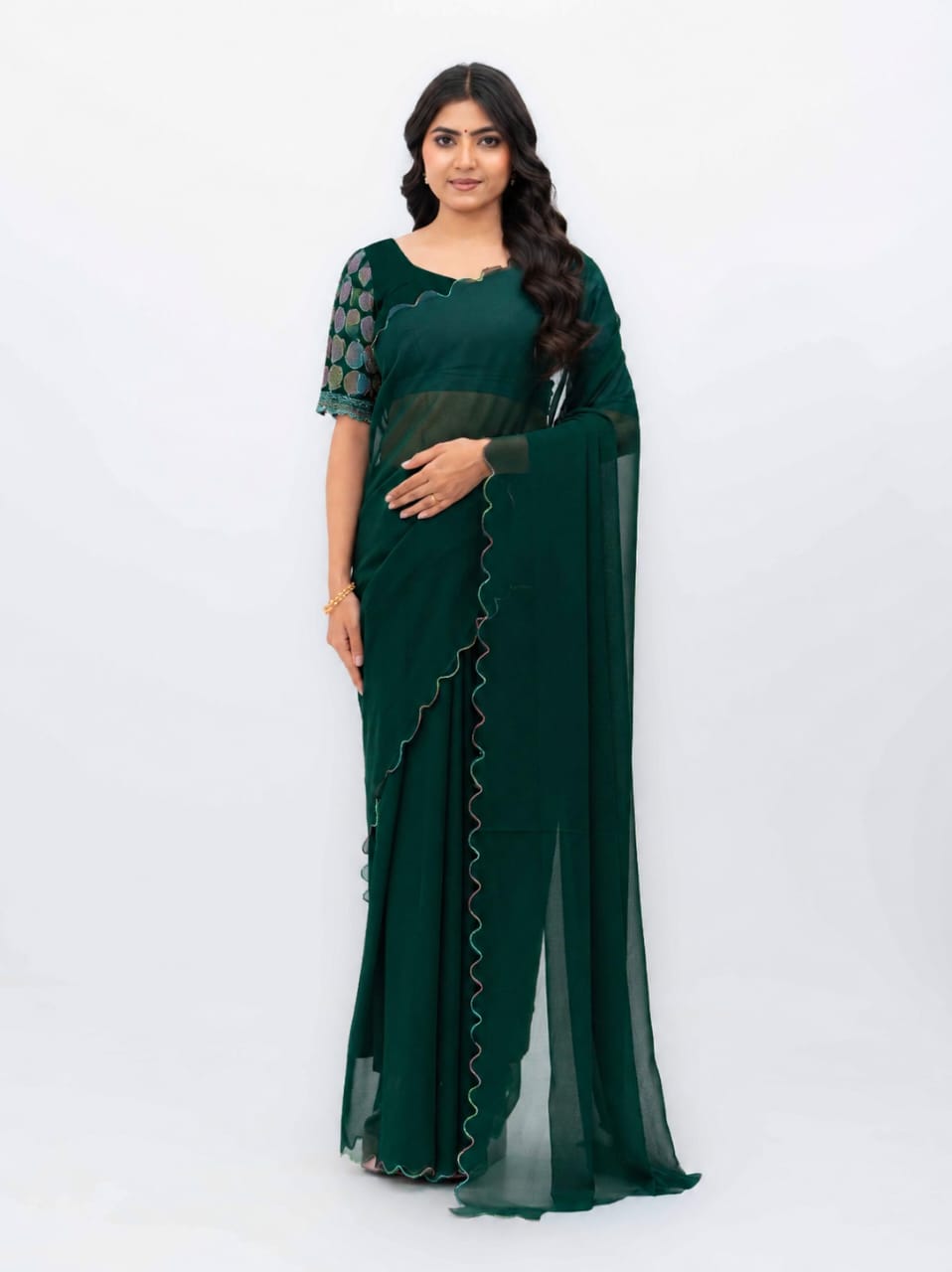 Green Georgette Plain Saree