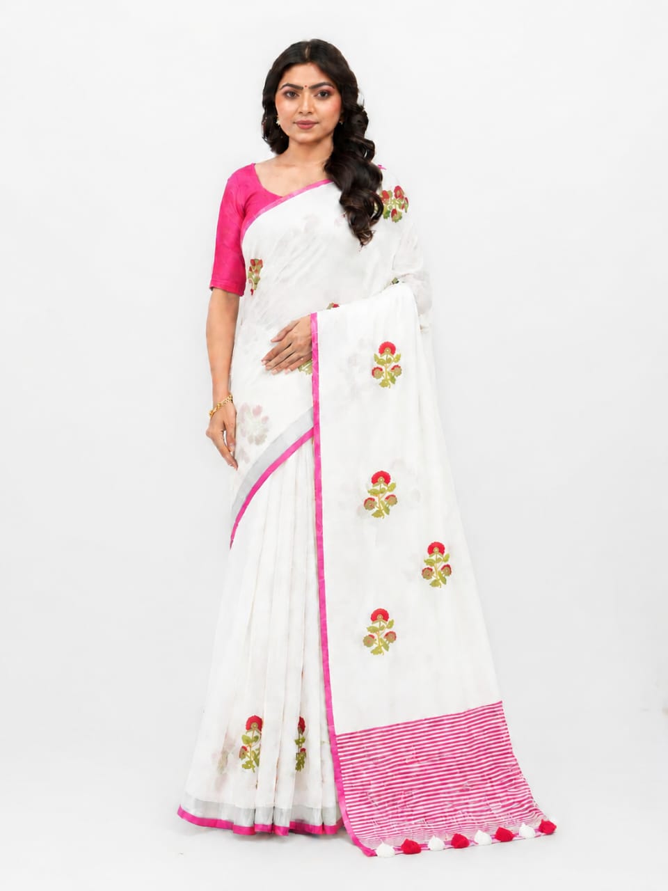 White Cotton Linen Saree