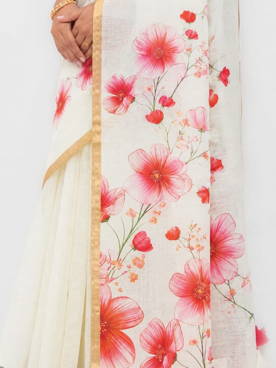 Off-White Cotton Linen Saree