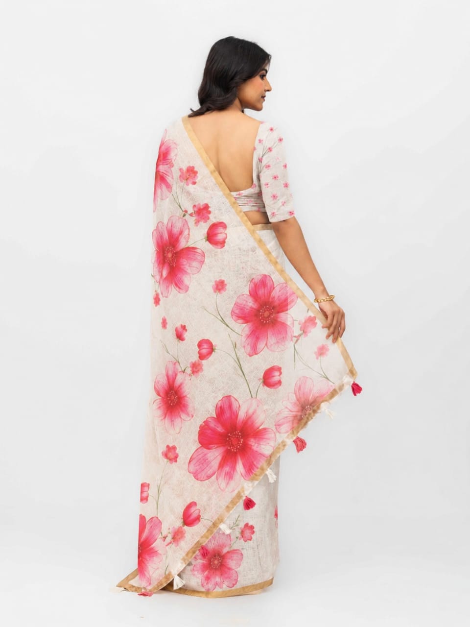 Off-White Cotton Linen Saree