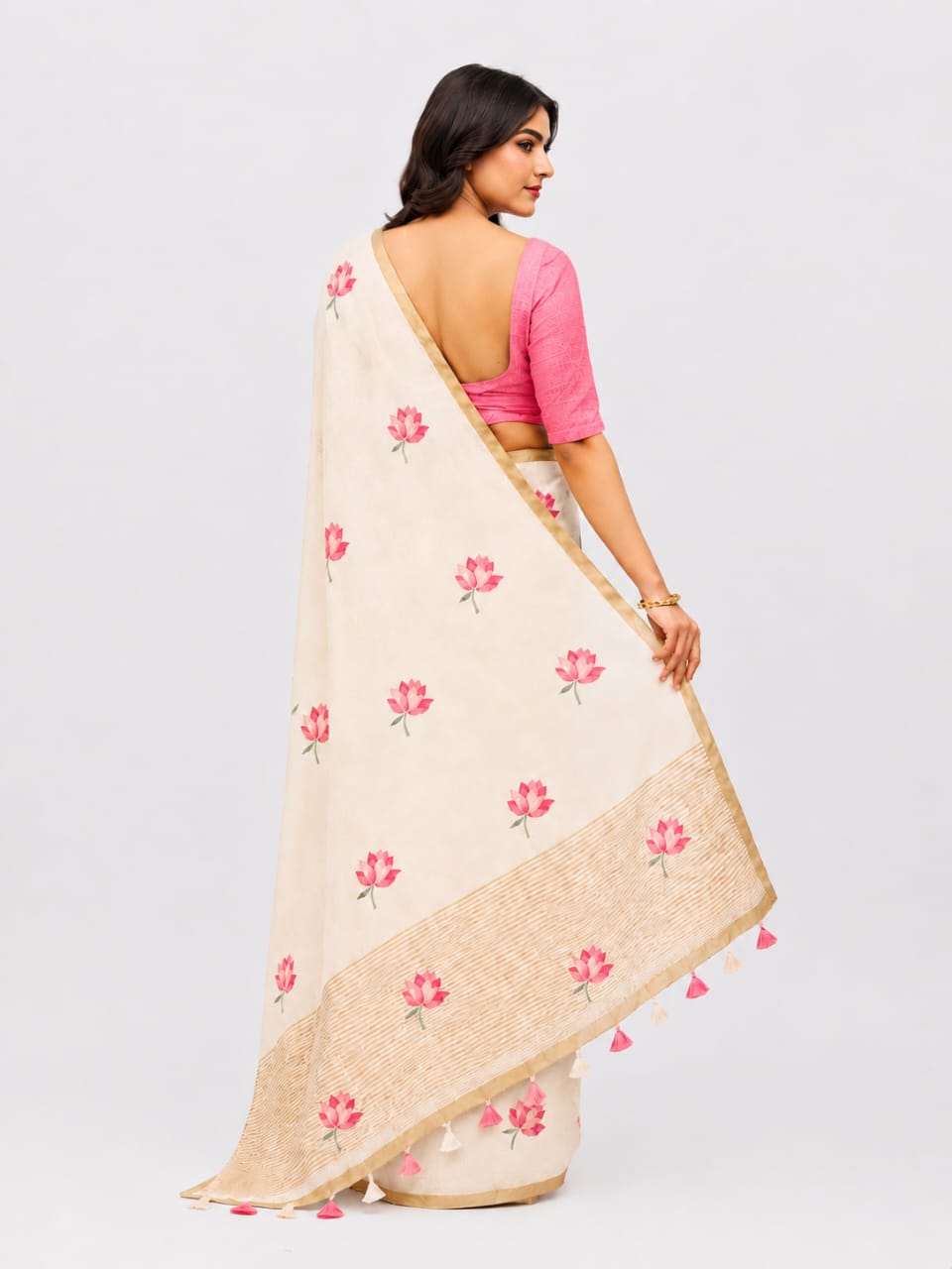 Off-White Cotton Linen Saree