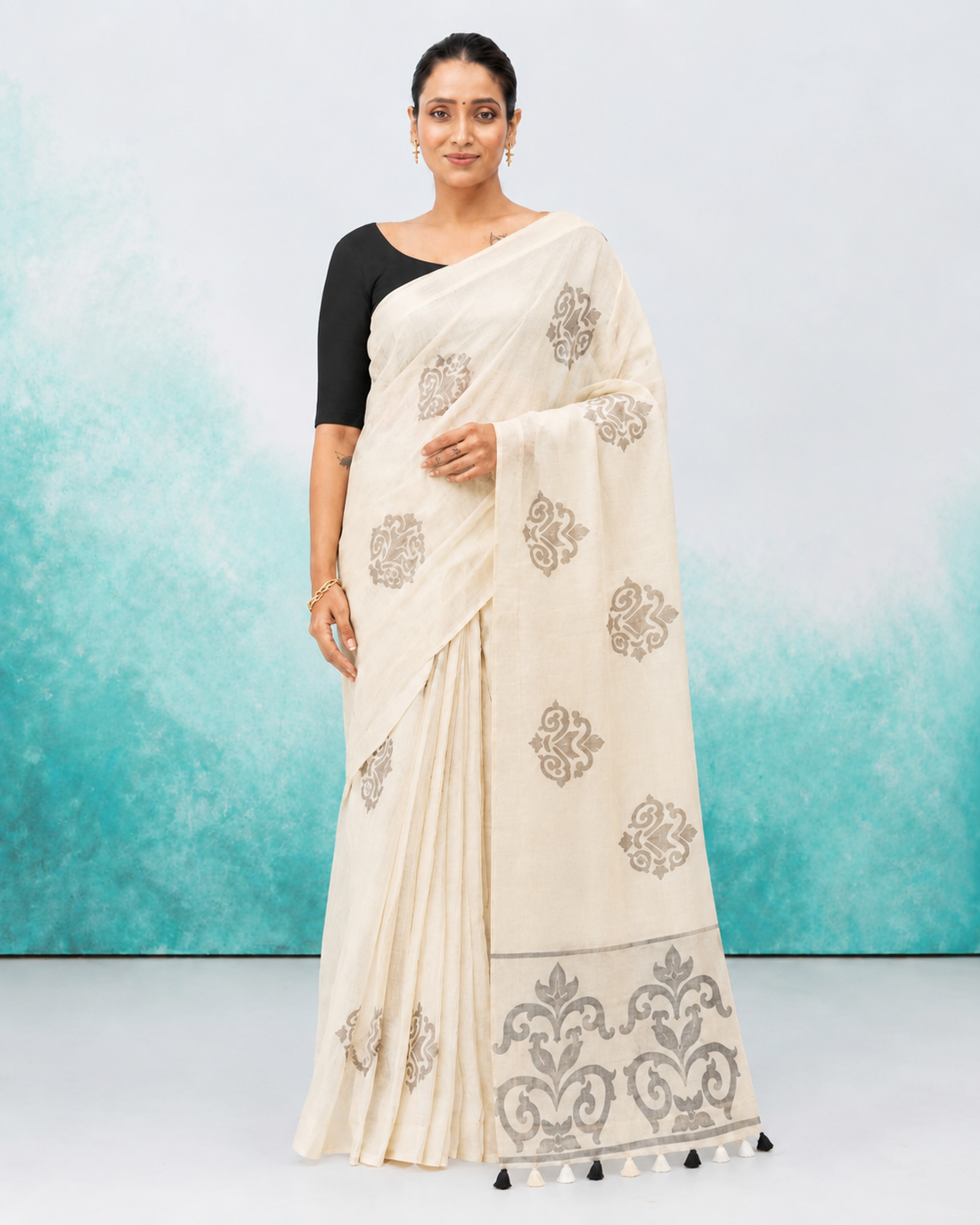 Off-White Cotton Linen Saree