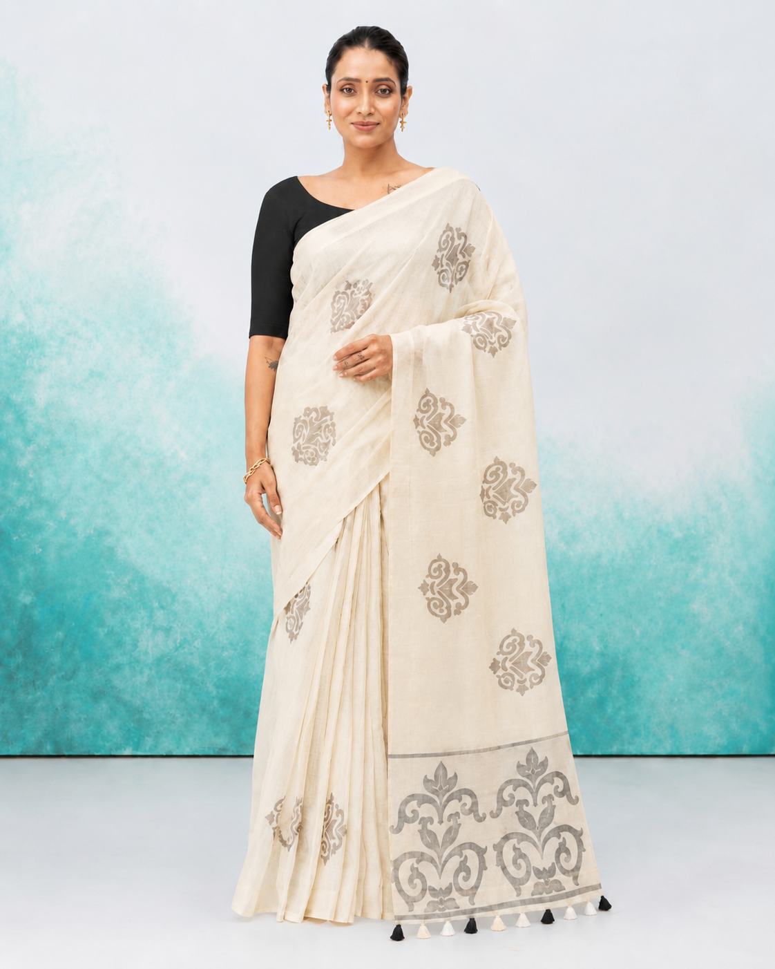 Off-White Cotton Linen Saree