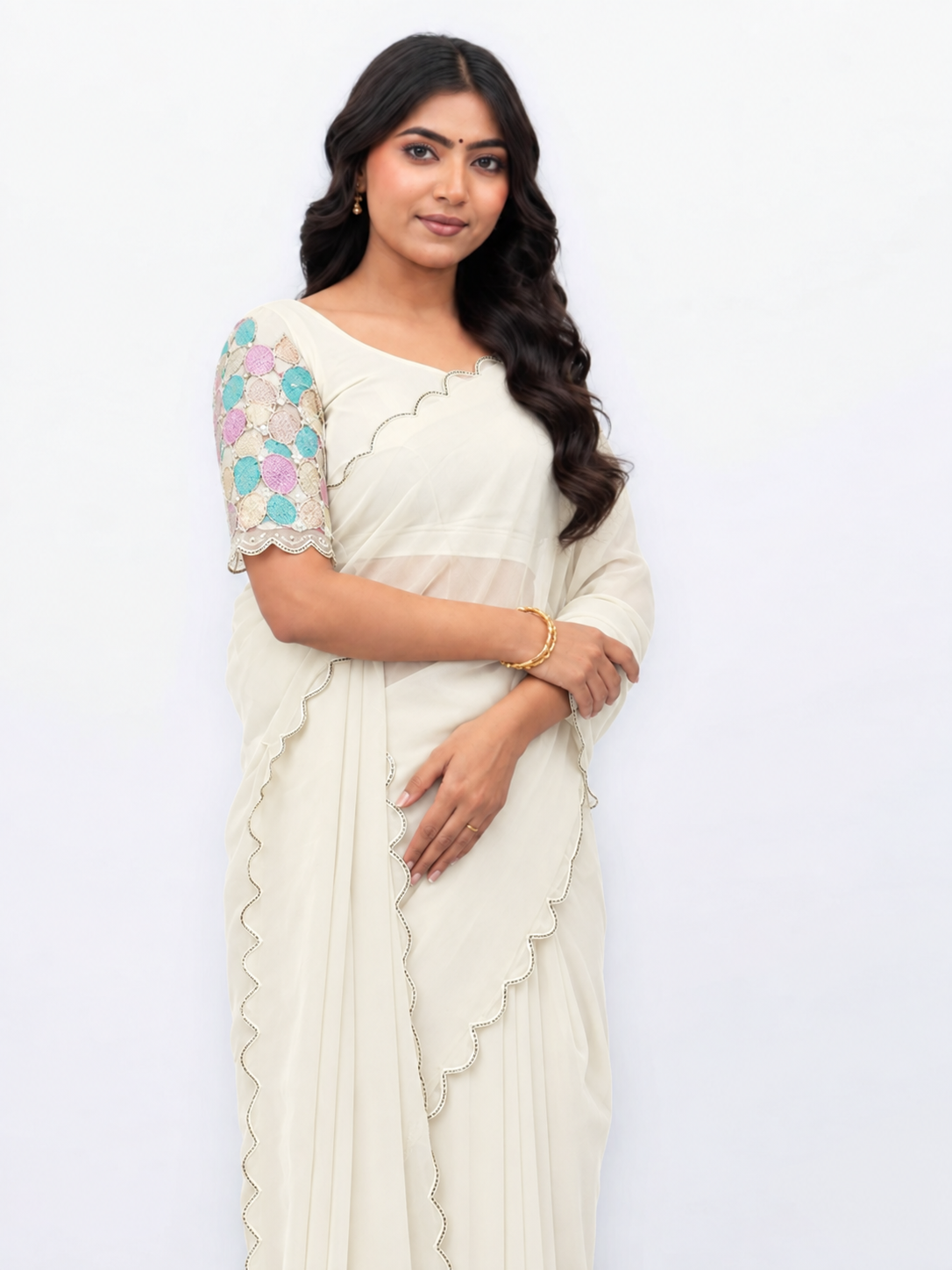 White Georgette Plain Saree