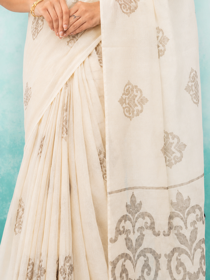 Off-White Cotton Linen Saree