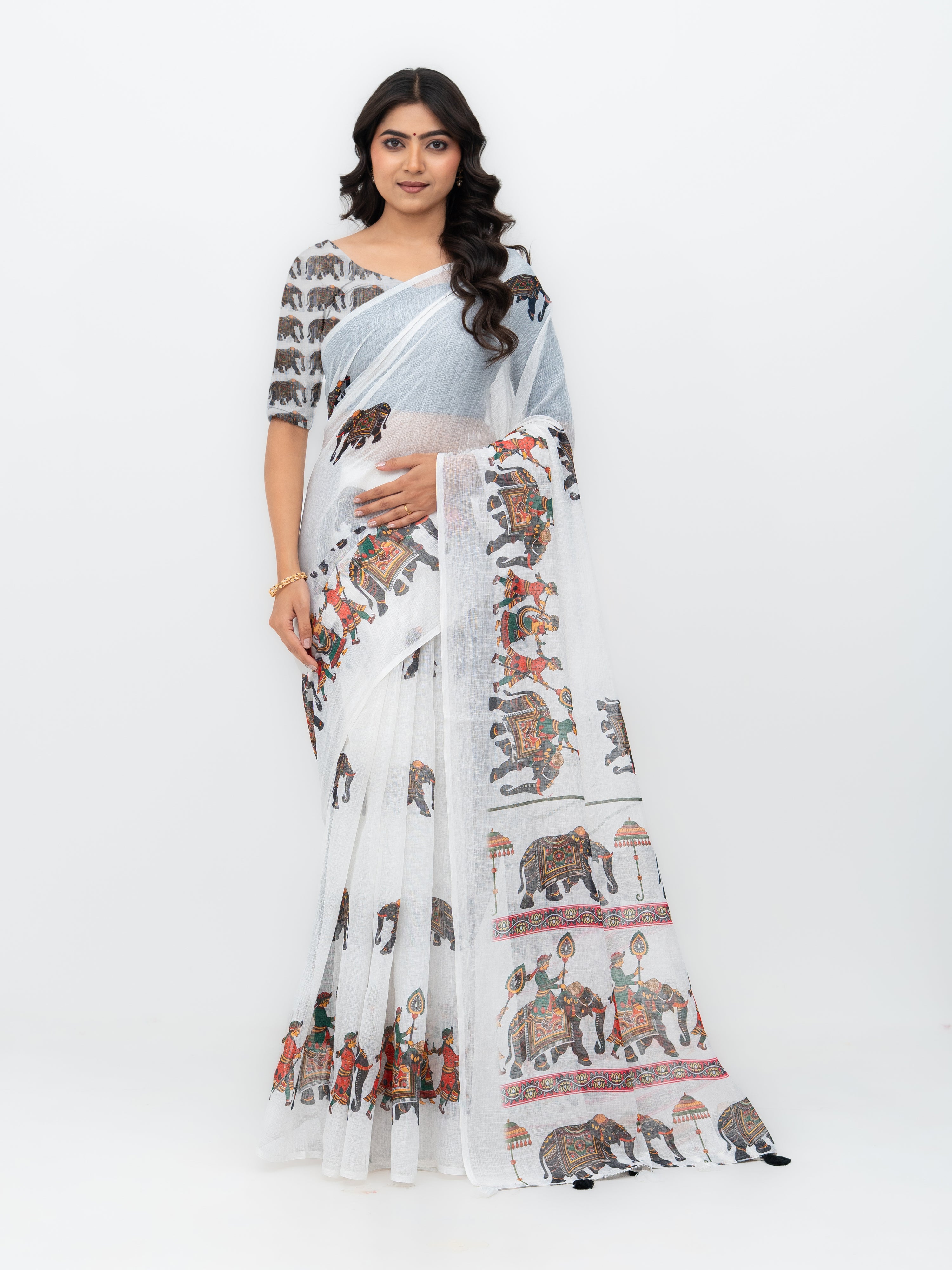 White Cotton Linen Saree