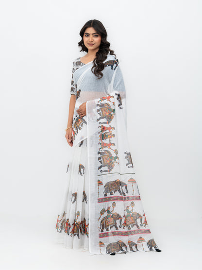White Cotton Linen Saree