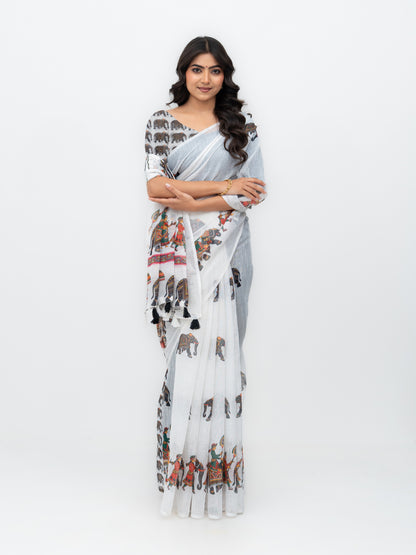 White Cotton Linen Saree