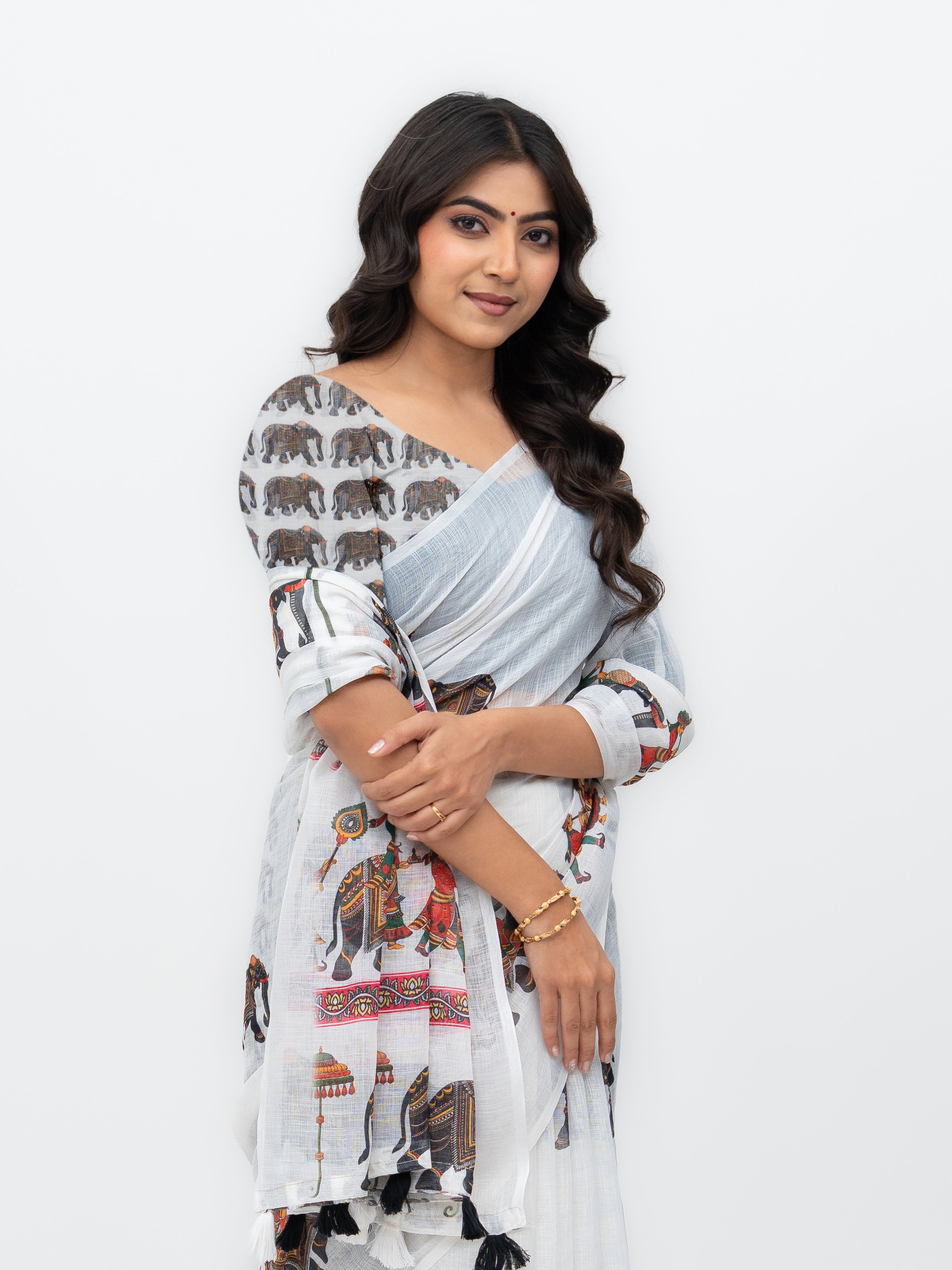 White Cotton Linen Saree