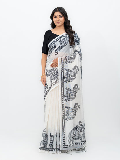 White Cotton Linen Saree