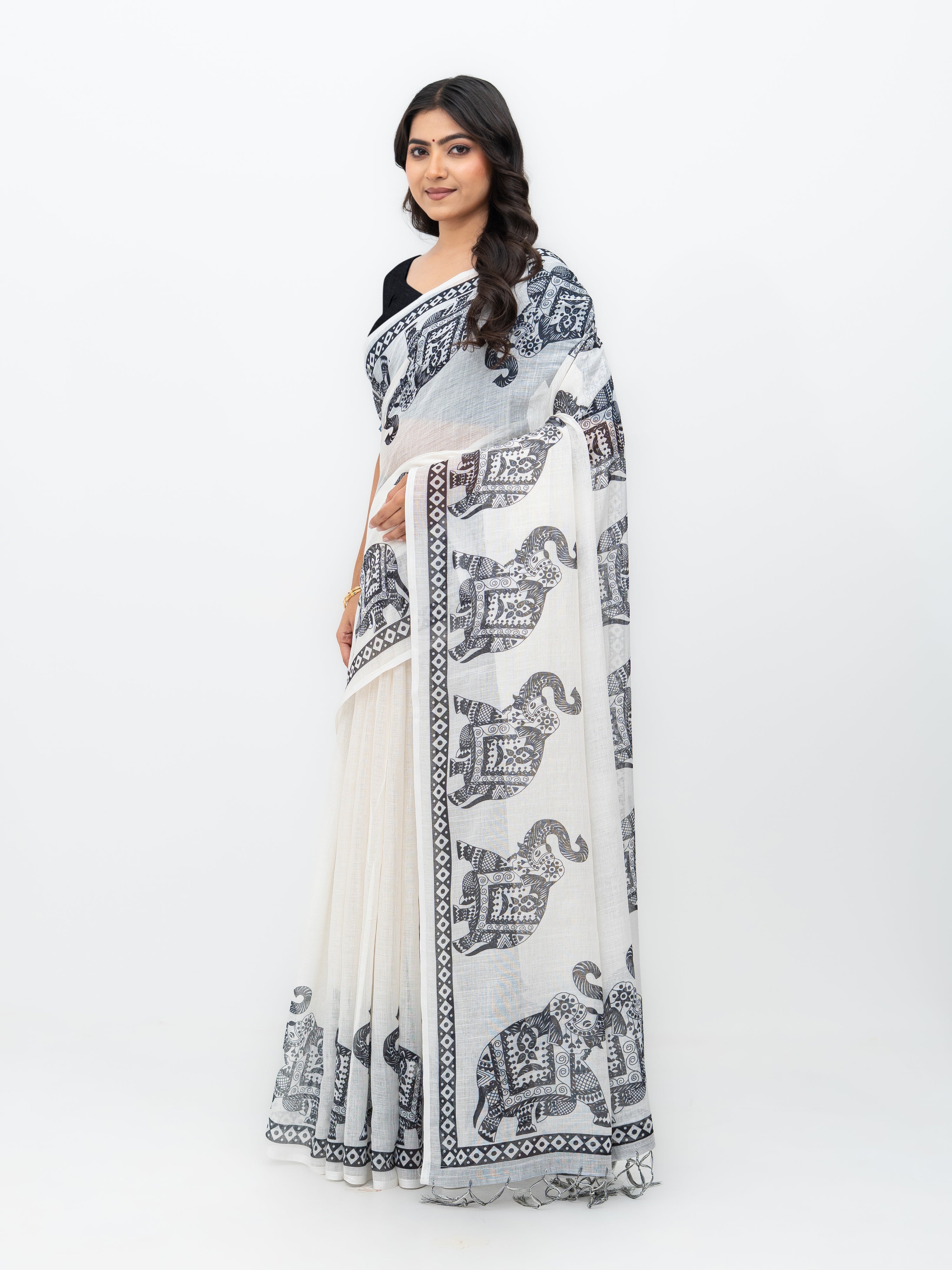 White Cotton Linen Saree