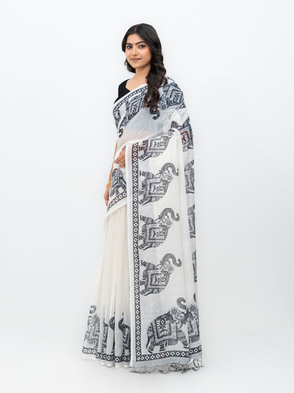 White Cotton Linen Saree
