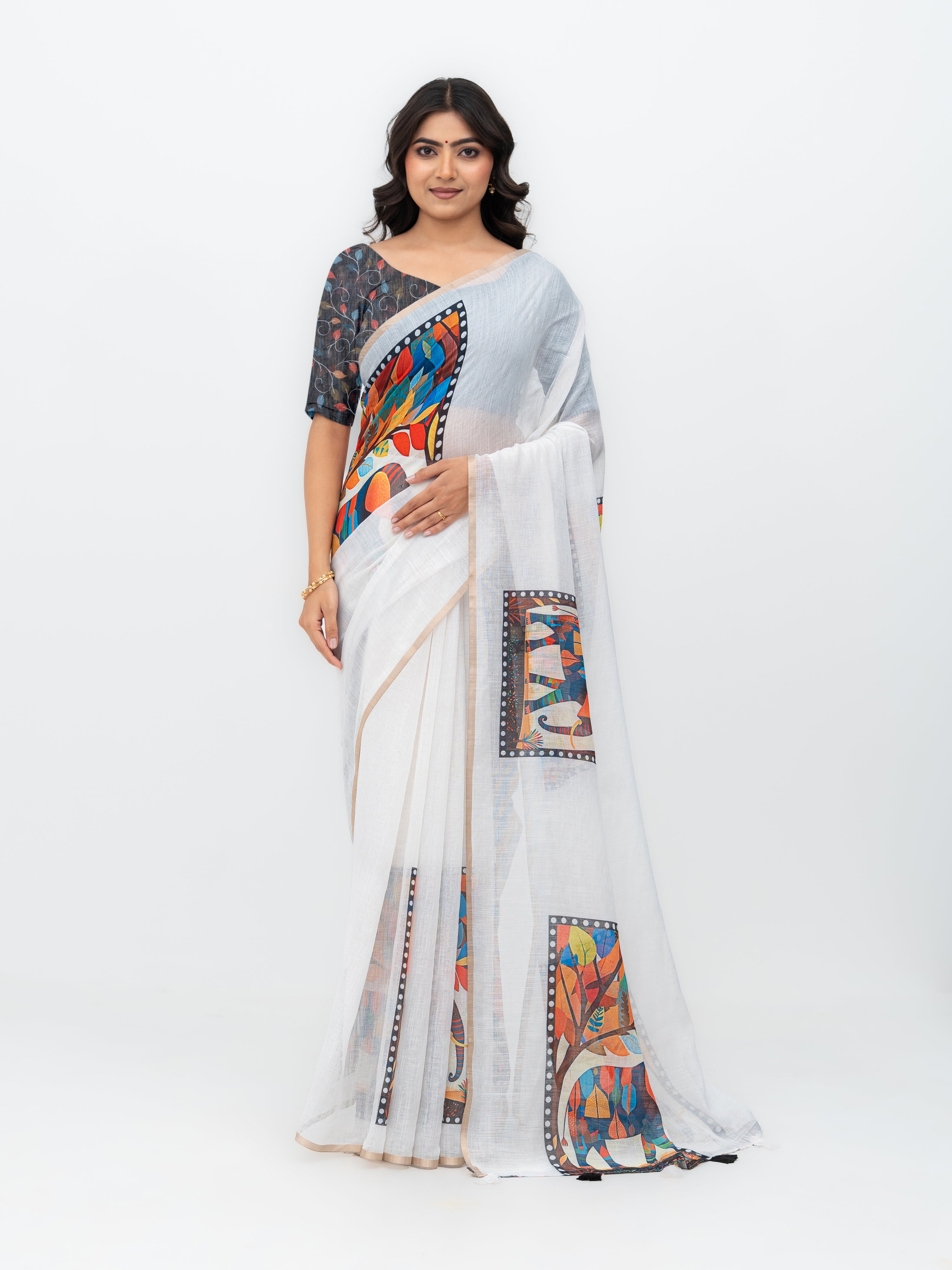 White Cotton Linen Saree