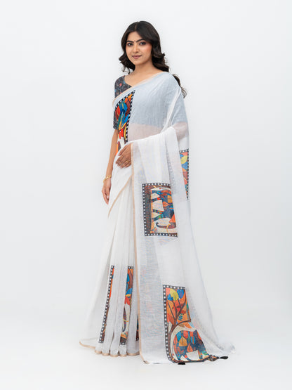 White Cotton Linen Saree