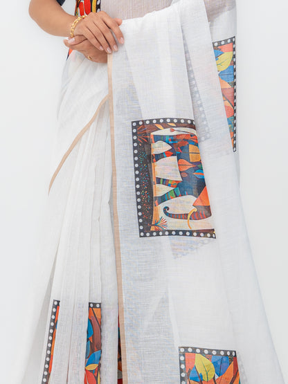 White Cotton Linen Saree