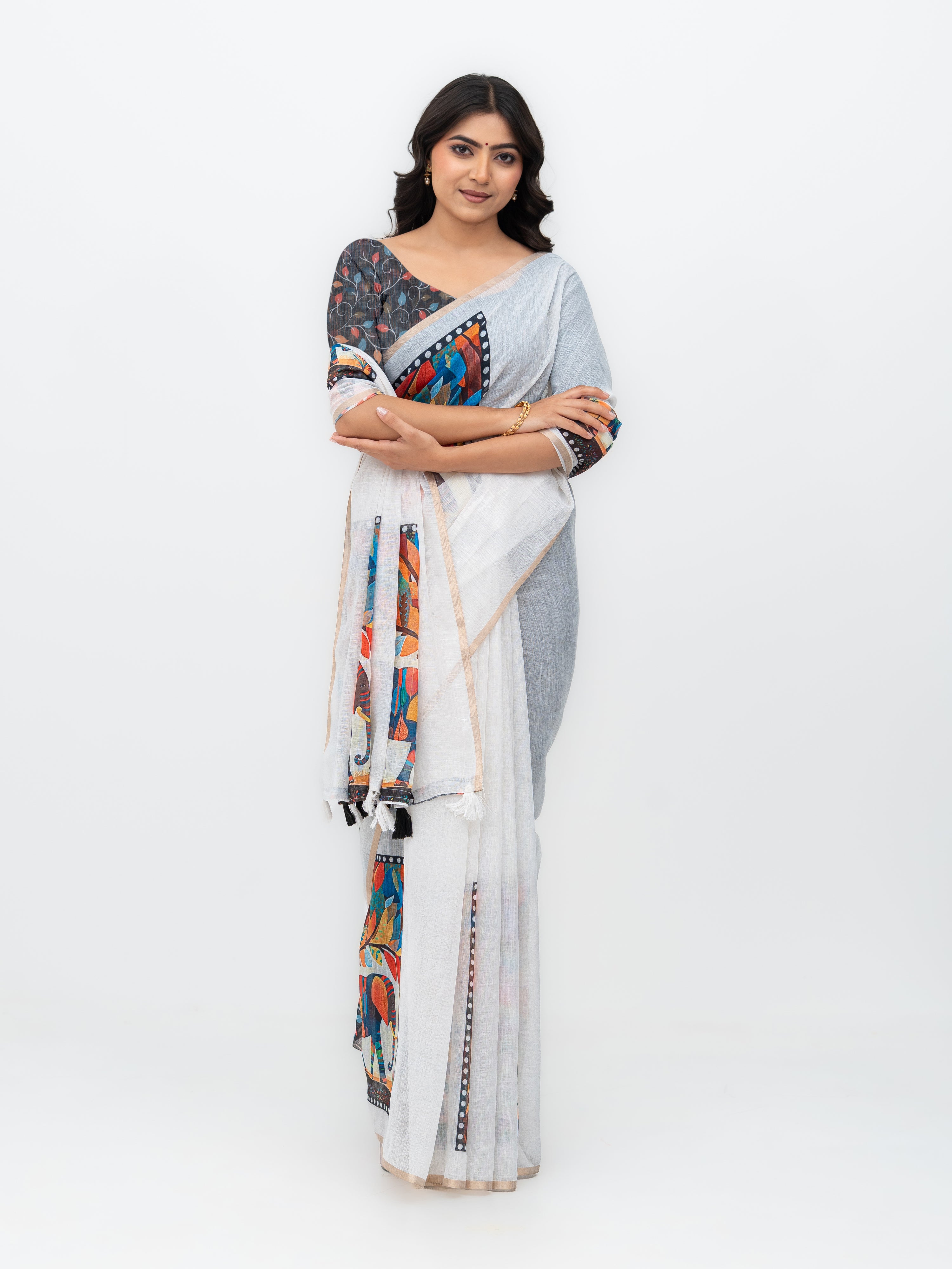 White Cotton Linen Saree