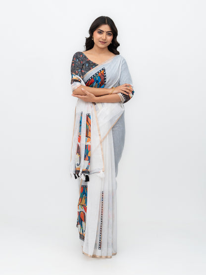White Cotton Linen Saree