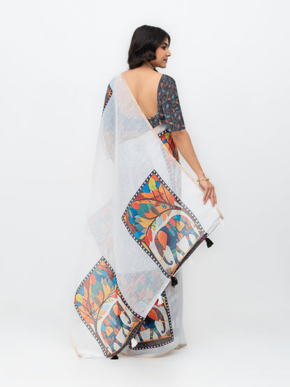 White Cotton Linen Saree
