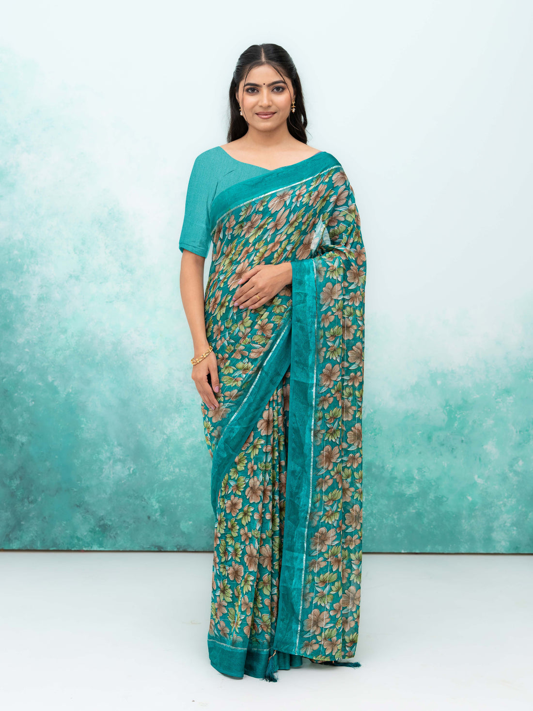 Teal  Poly Viscose Saree