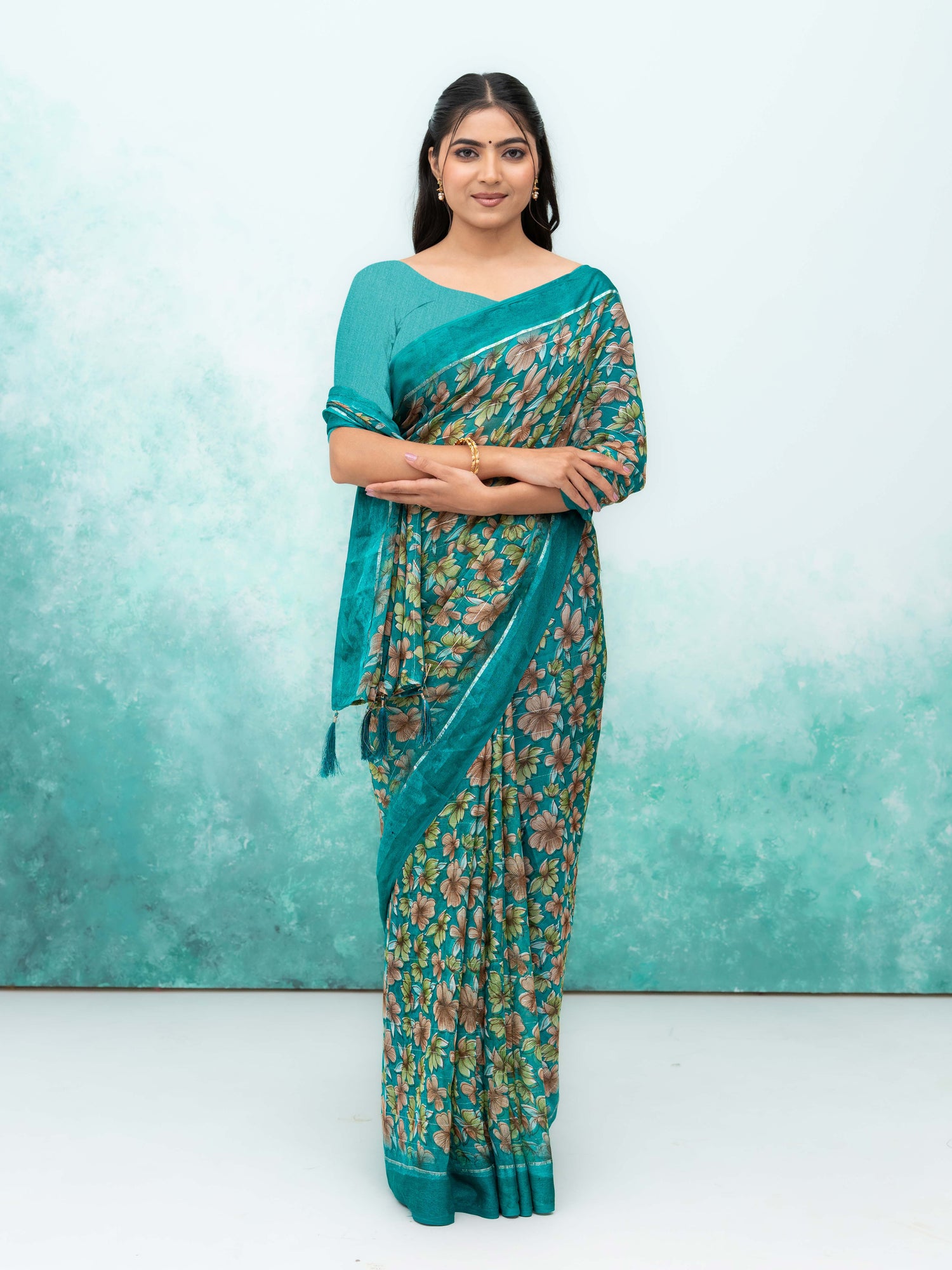 Teal  Poly Viscose Saree