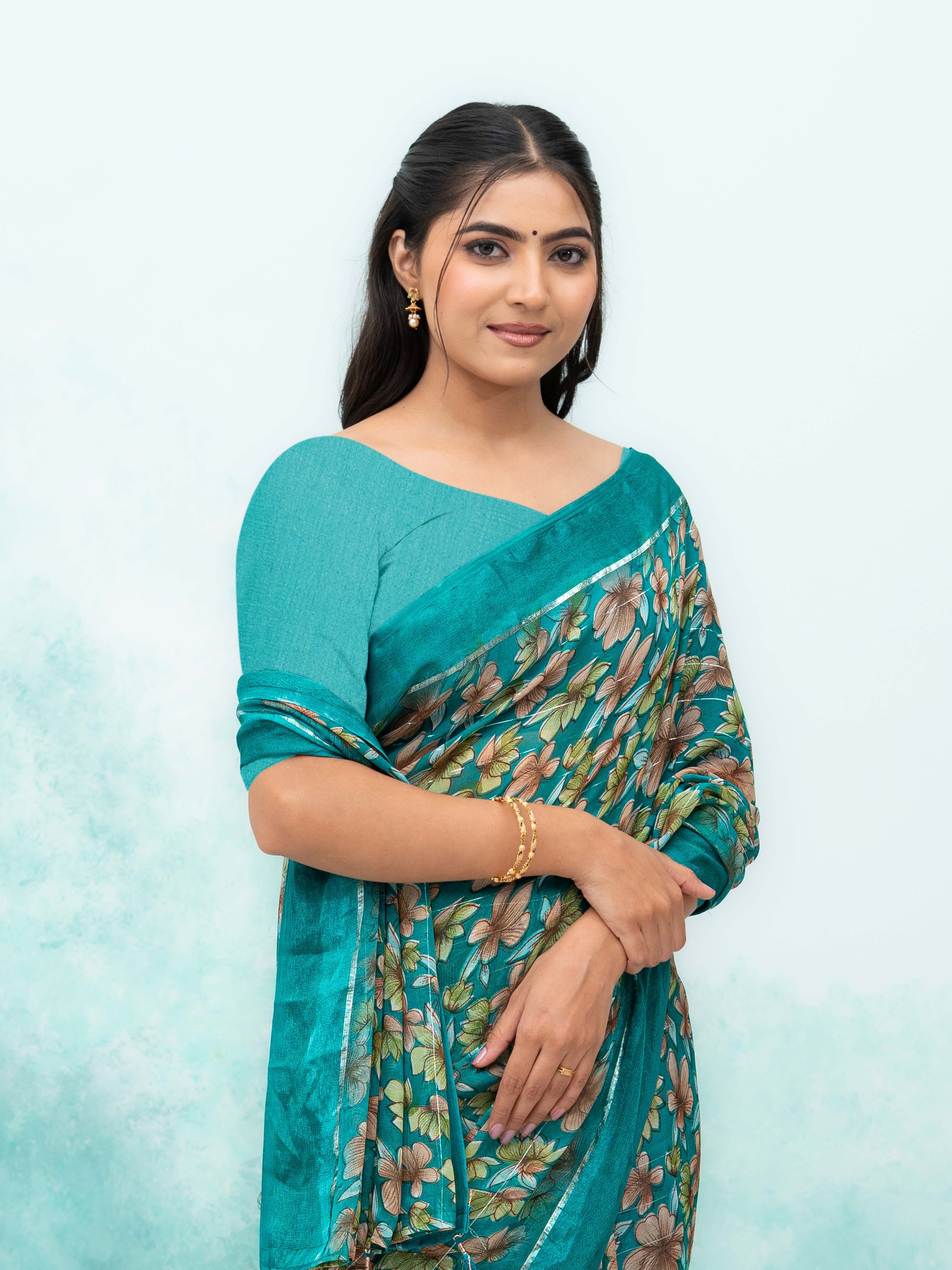 Teal  Poly Viscose Saree