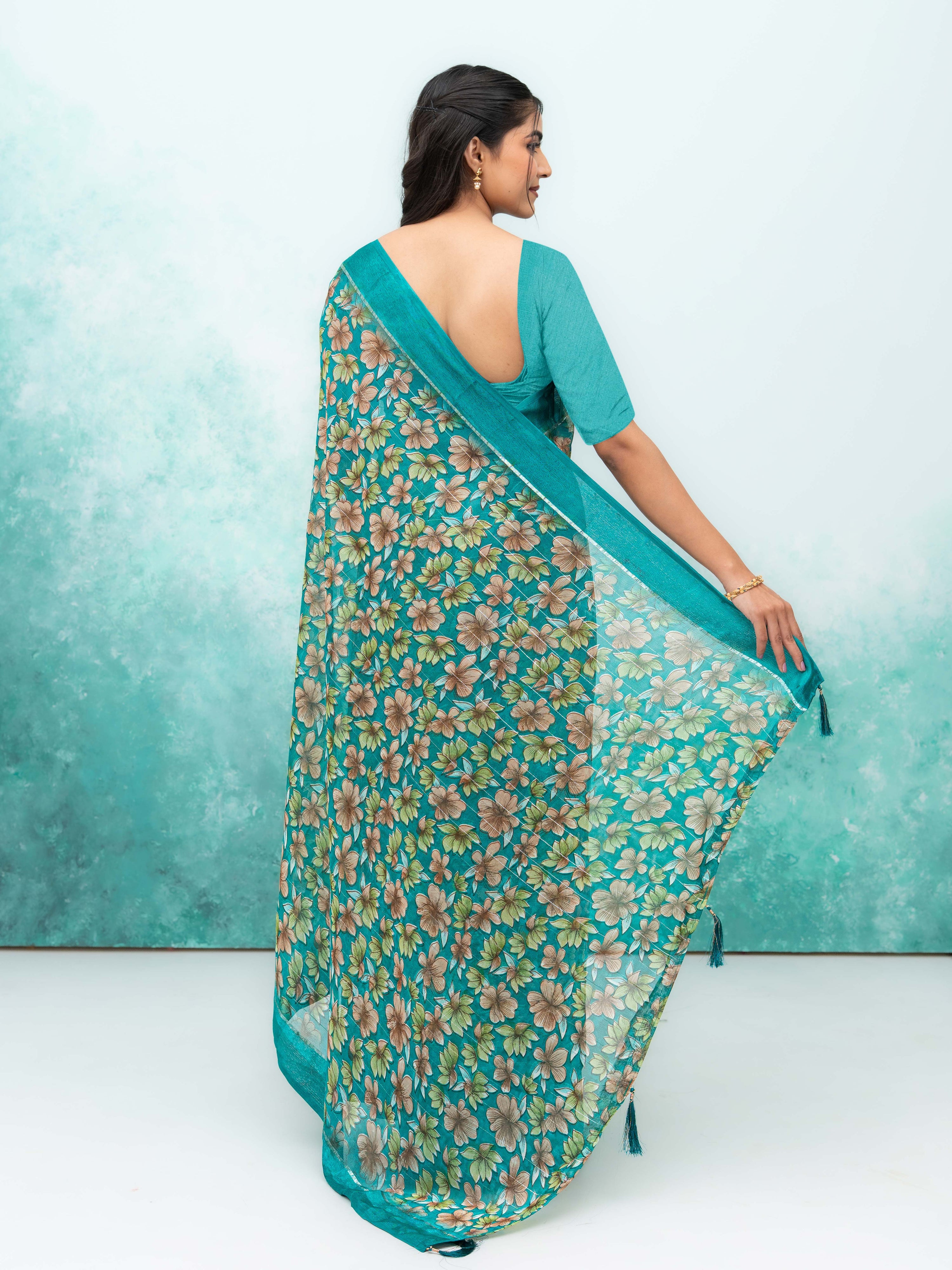 Teal  Poly Viscose Saree