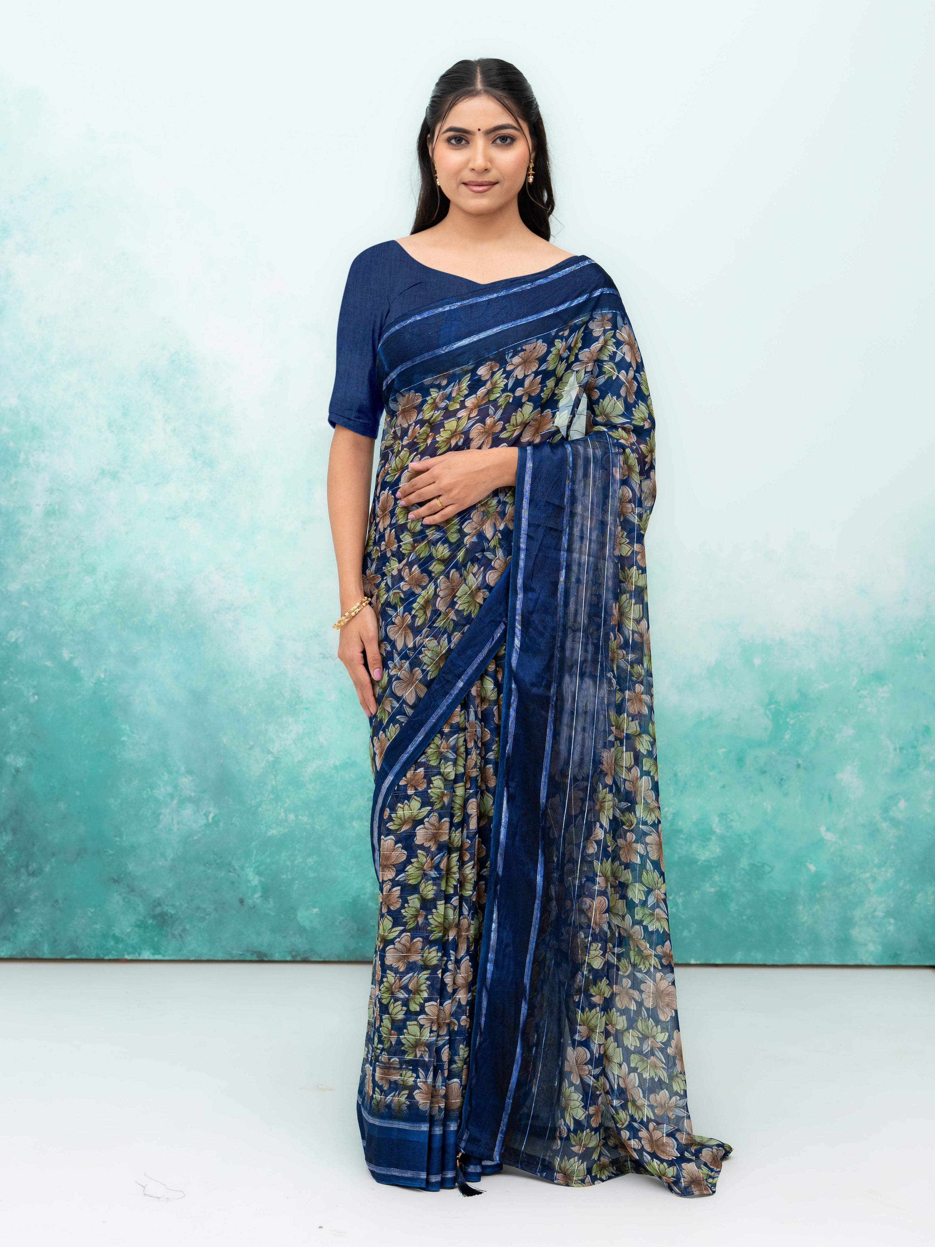 Navy Blue Poly Viscose Saree