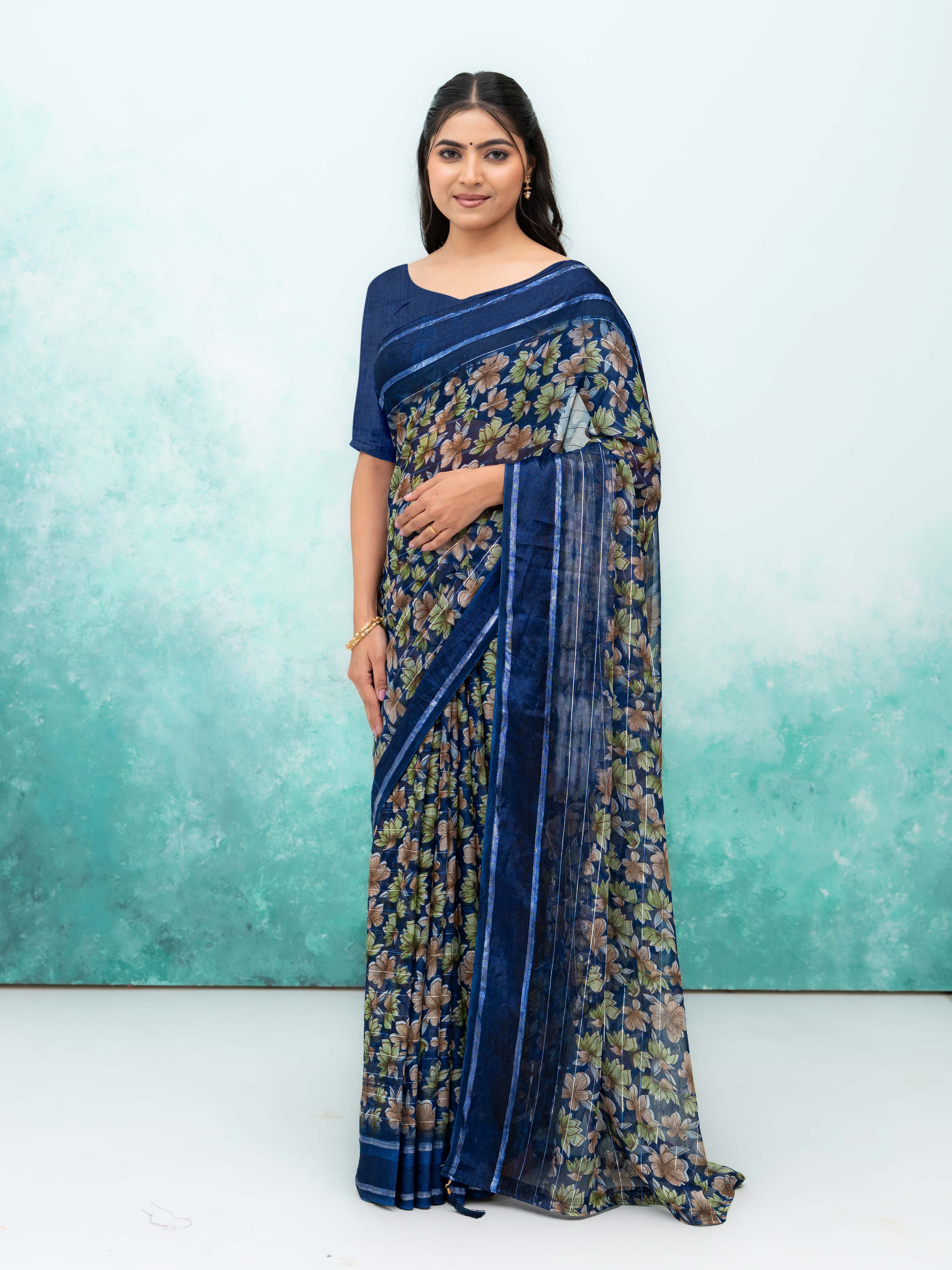Navy Blue Poly Viscose Saree