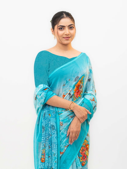 Sky Blue Chiffon Saree