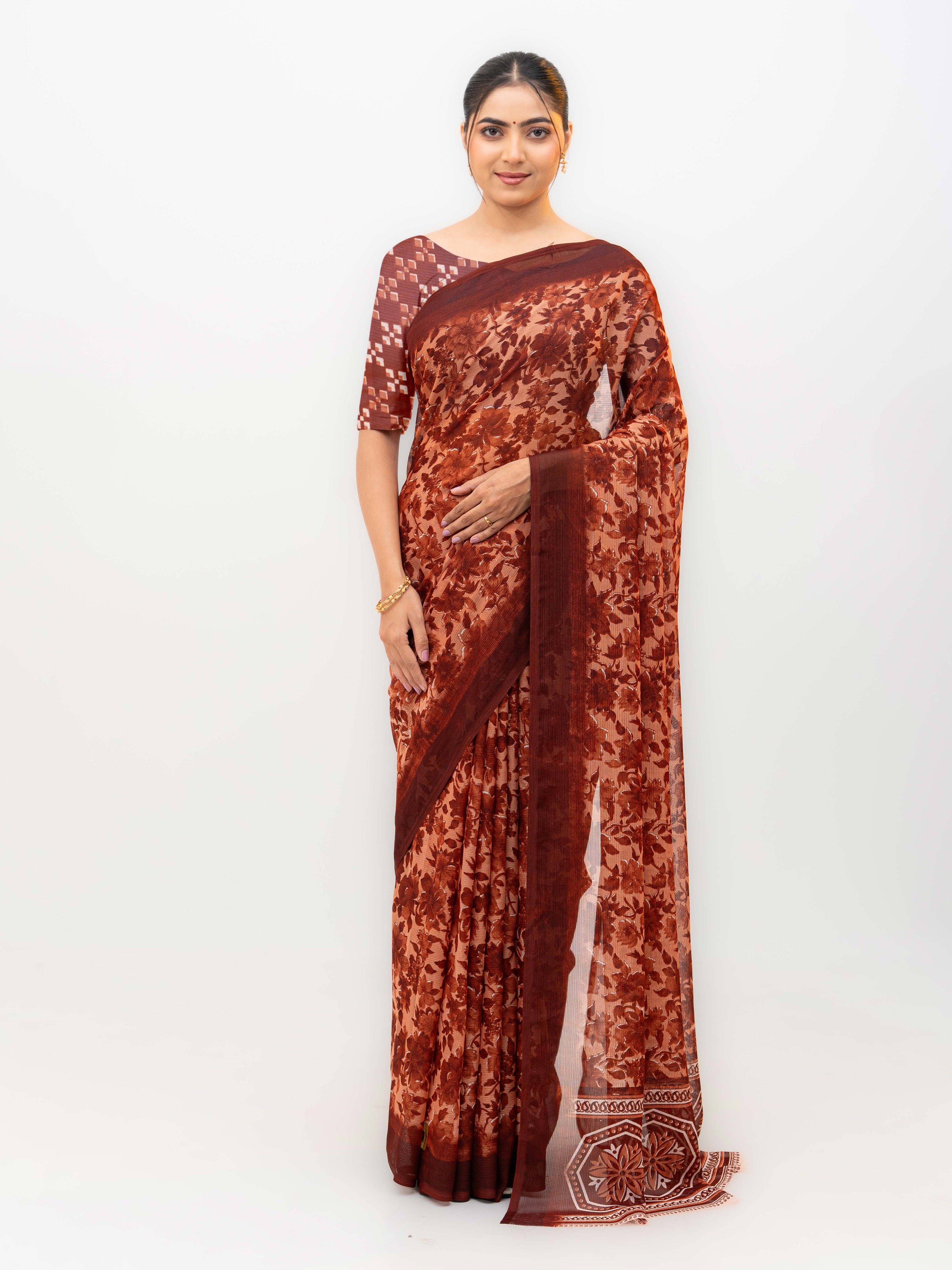 Rust Brown Chiffon Georgette Saree