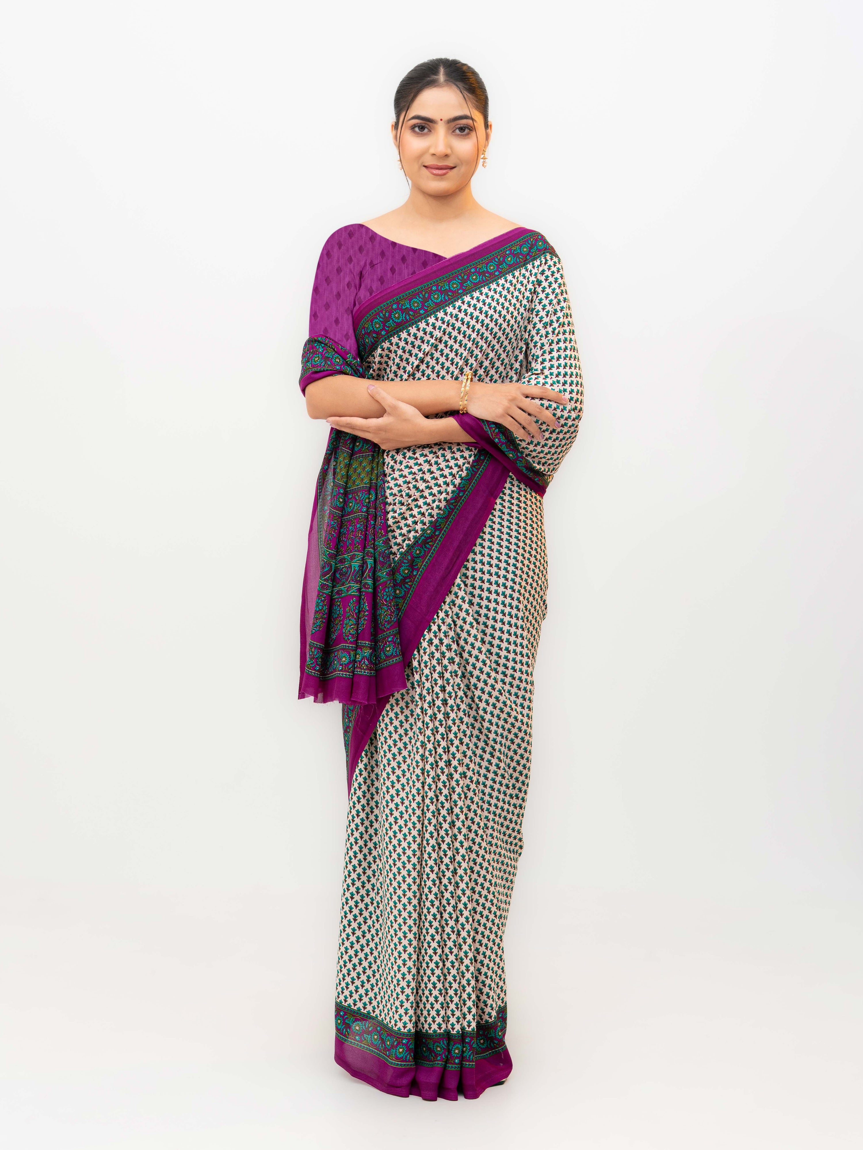 Cream Crepe Saree