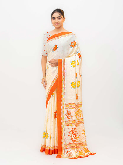 Cream &amp; Orange Turkey Silk Saree