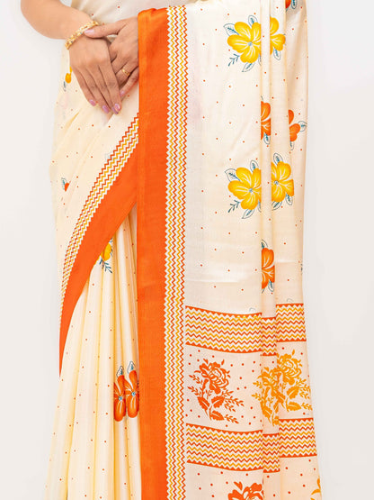 Cream &amp; Orange Turkey Silk Saree