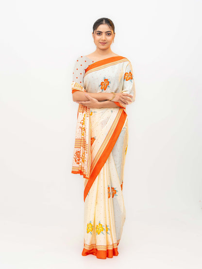 Cream &amp; Orange Turkey Silk Saree