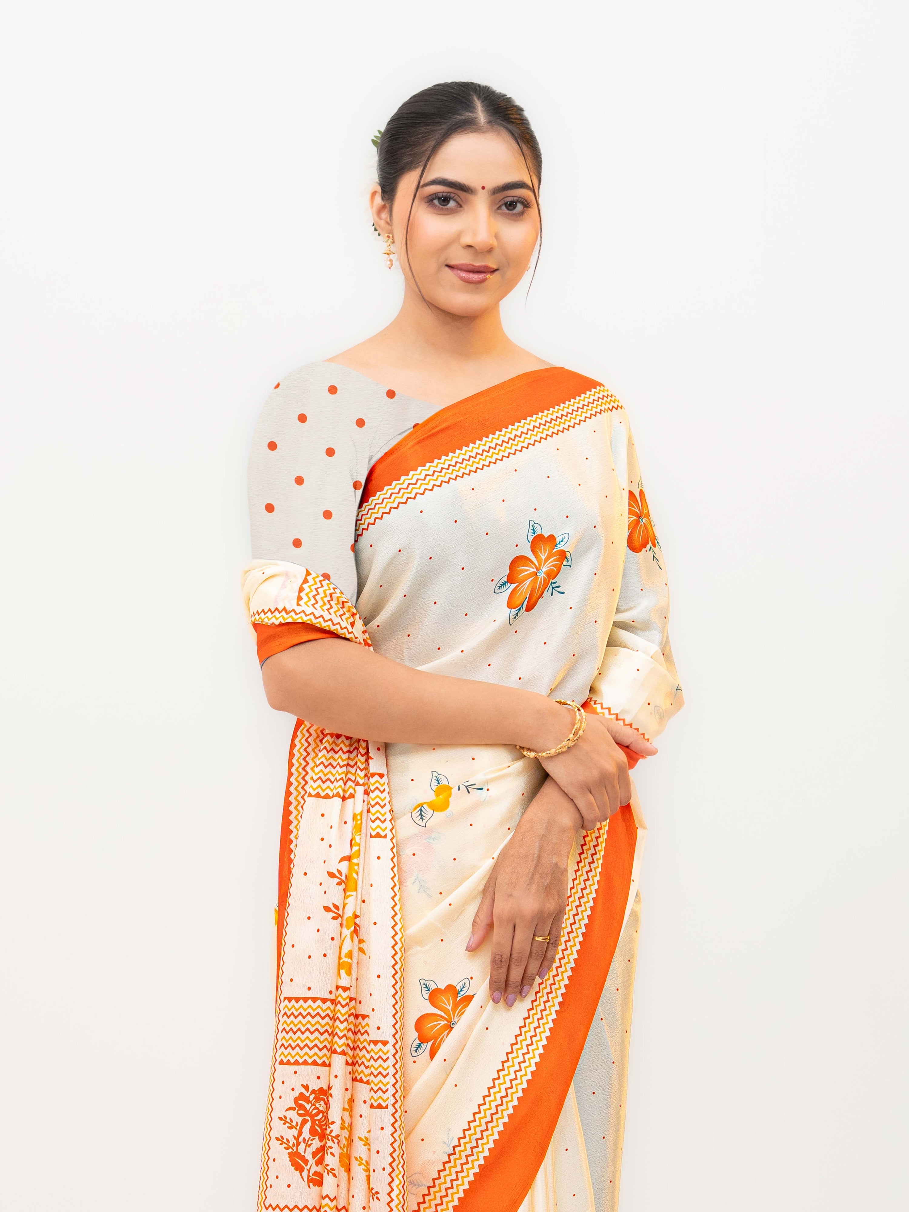 Cream &amp; Orange Turkey Silk Saree