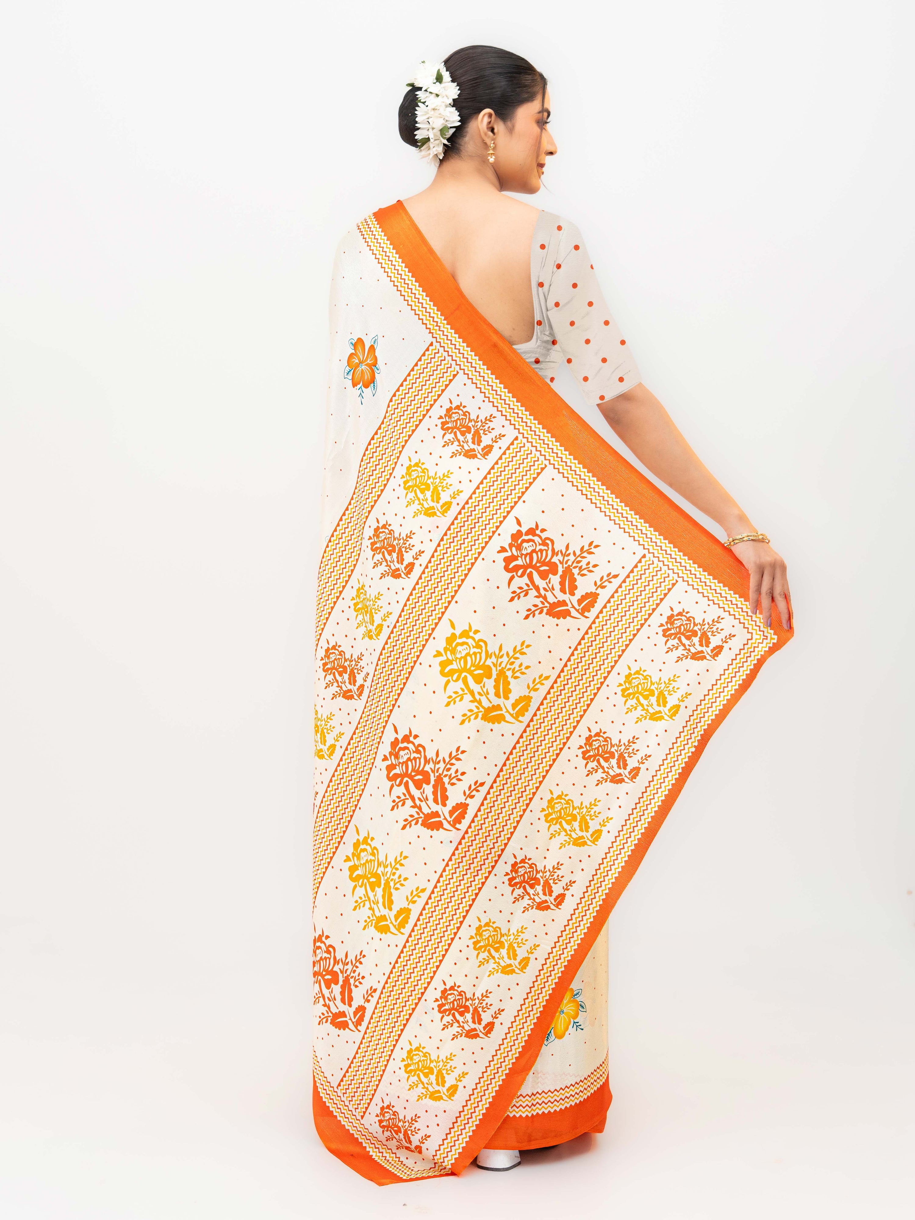 Cream &amp; Orange Turkey Silk Saree