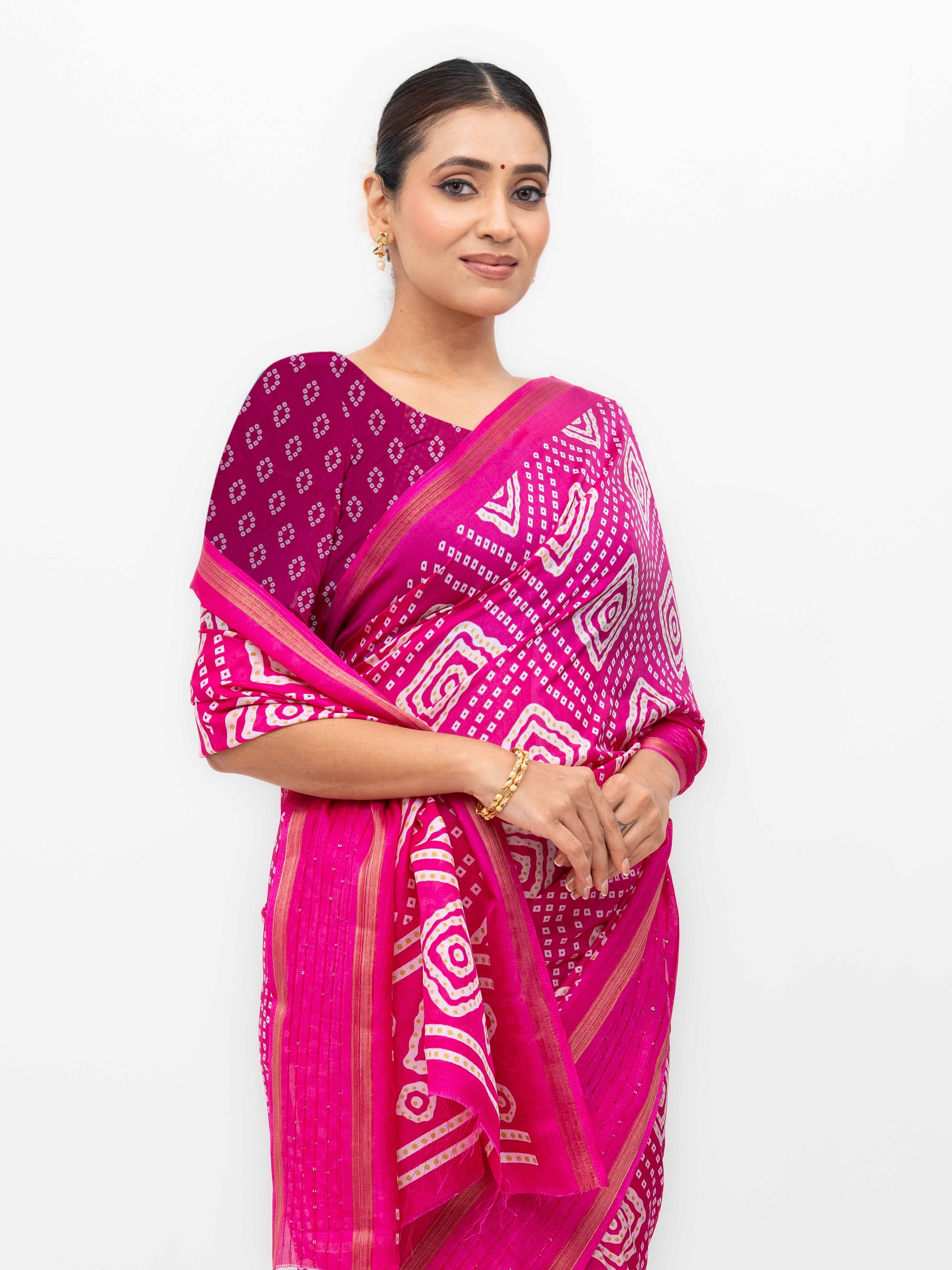 Magenta Pink Viscose Bandhani Saree