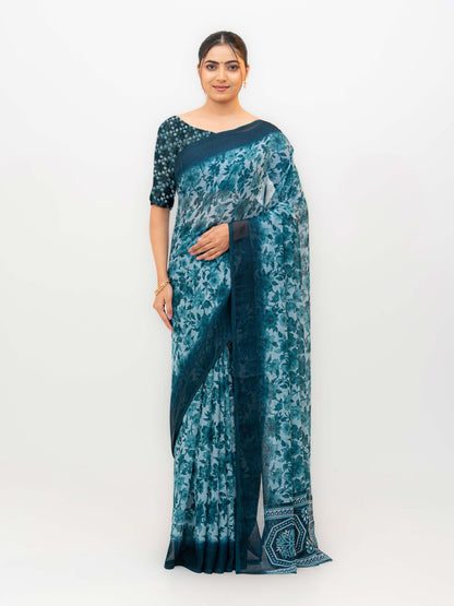 Teal Blue Chiffon Georgette Saree