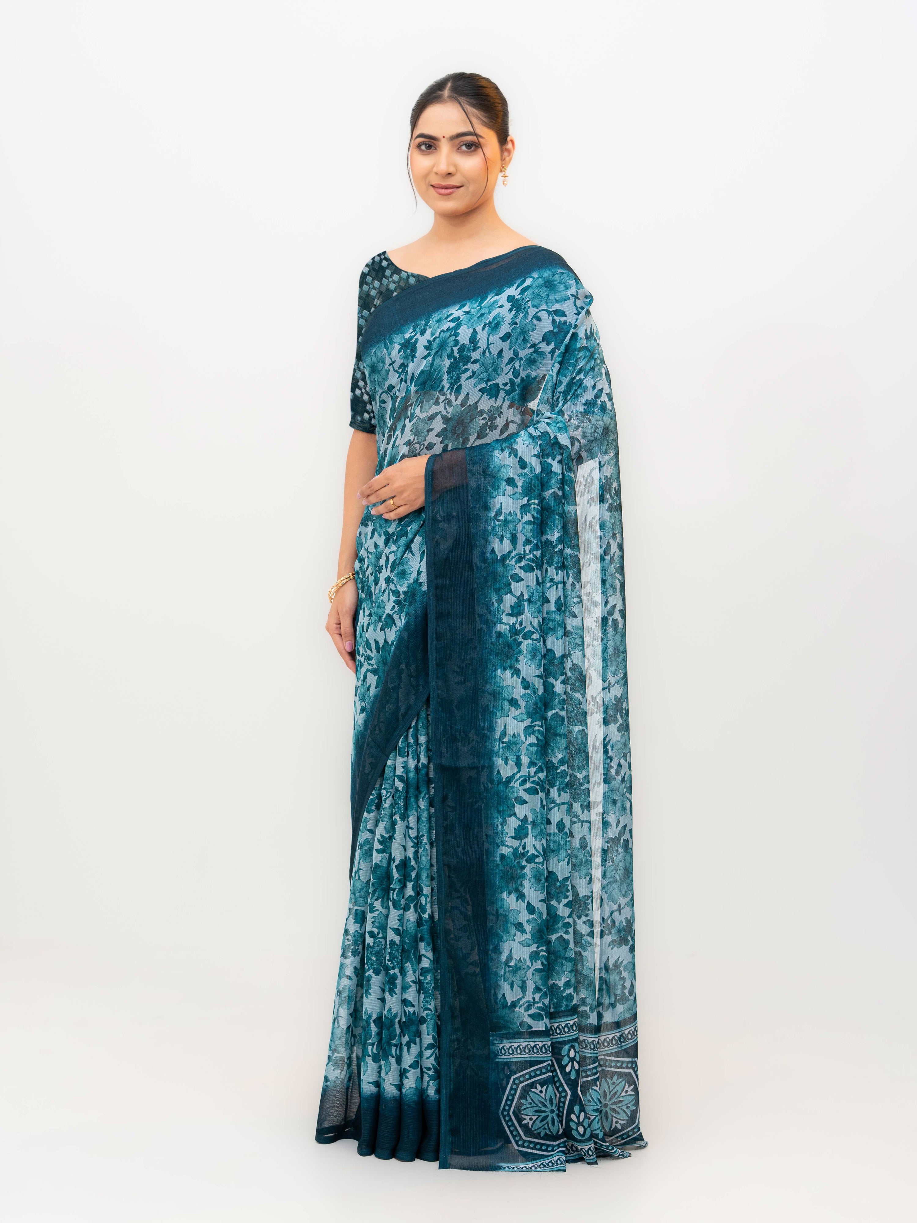 Teal Blue Chiffon Georgette Saree