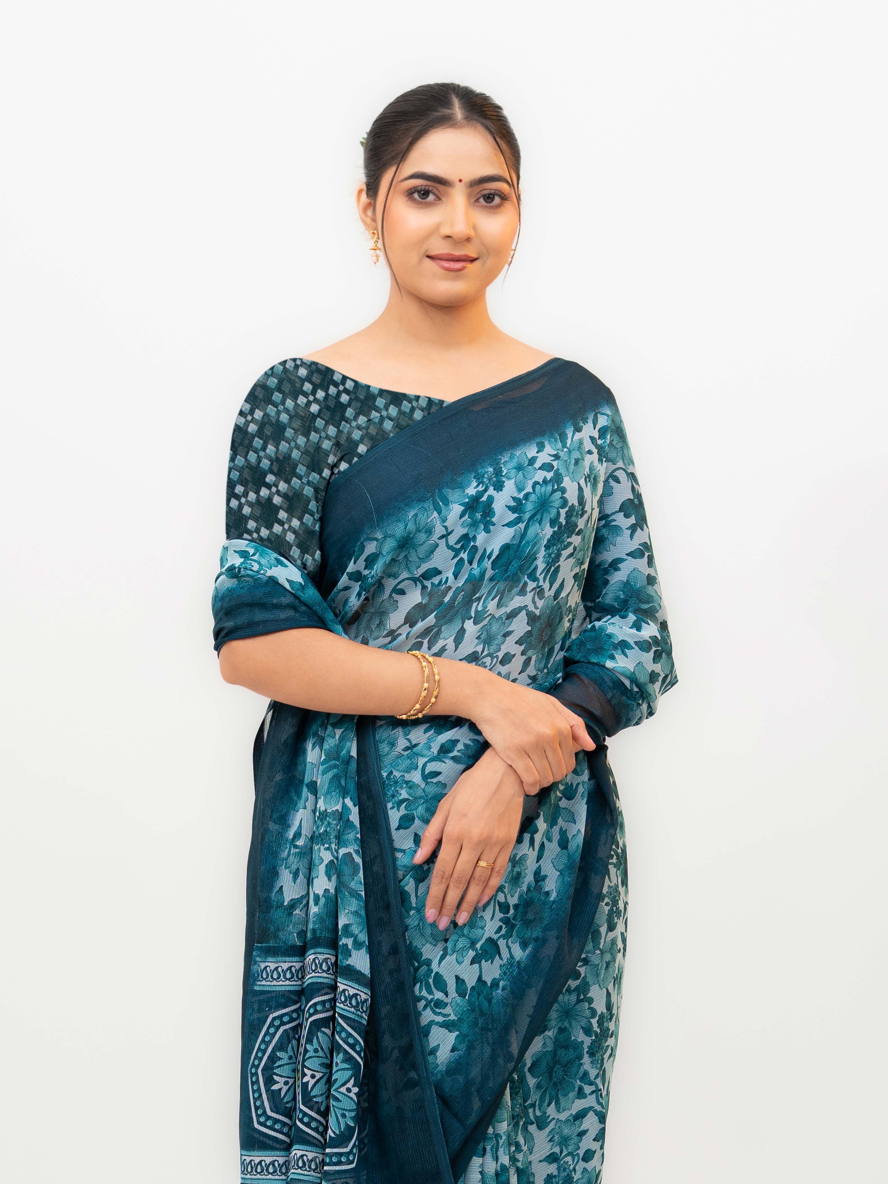 Teal Blue Chiffon Georgette Saree