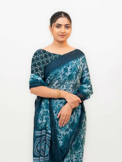 Teal Blue Chiffon Georgette Saree