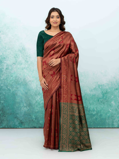 Rust Red Banarasi Lichi Silk Saree