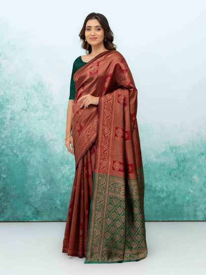 Rust Red Banarasi Lichi Silk Saree