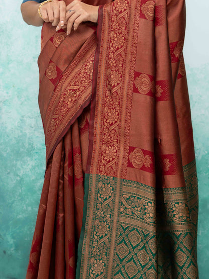 Rust Red Banarasi Lichi Silk Saree