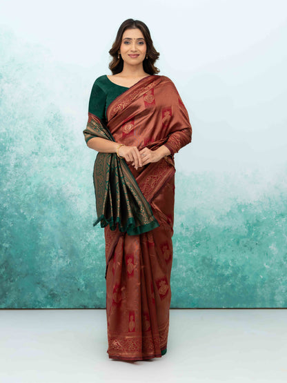 Rust Red Banarasi Lichi Silk Saree