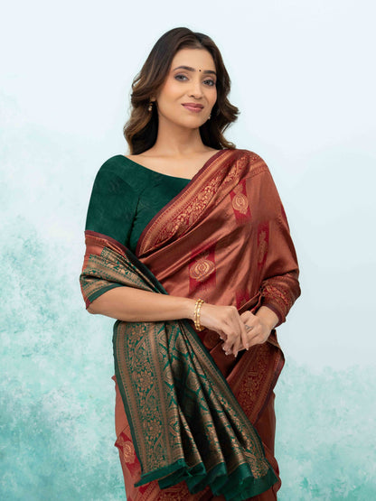 Rust Red Banarasi Lichi Silk Saree