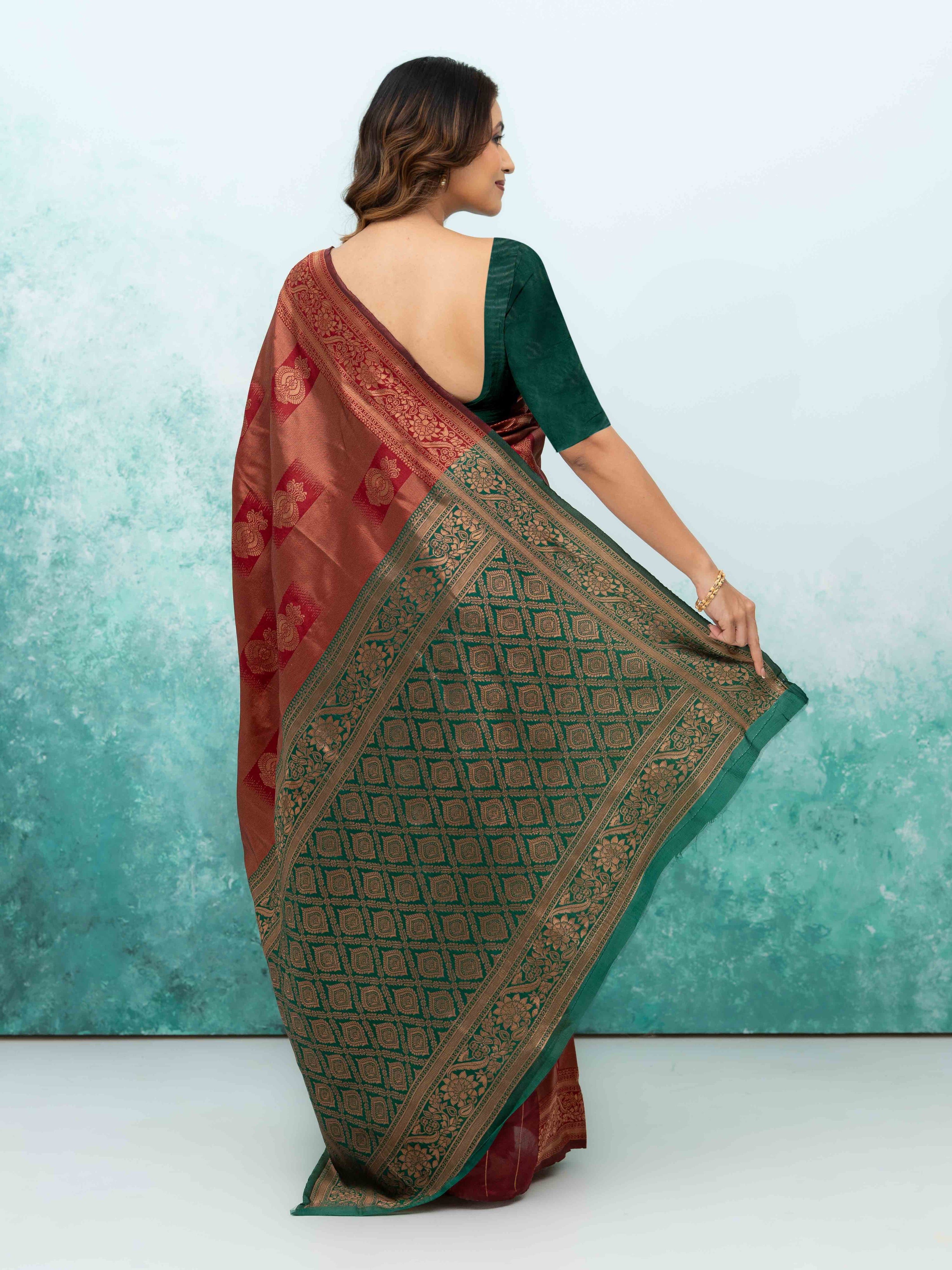 Rust Red Banarasi Lichi Silk Saree