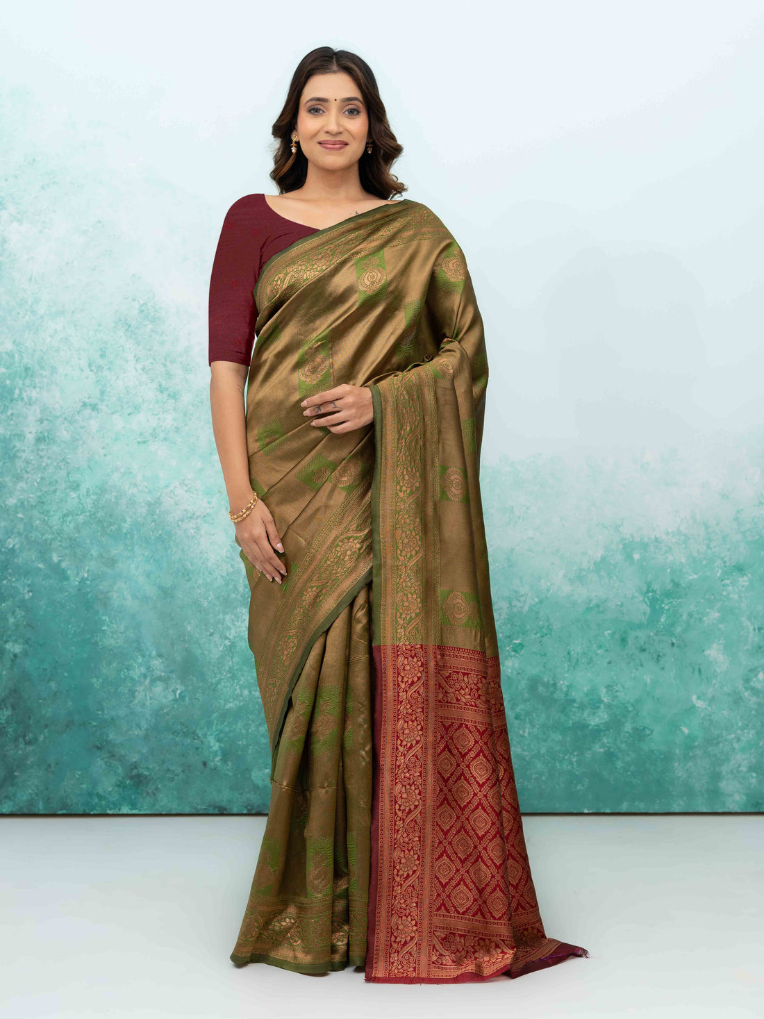 Olive Green &amp; Purple Banarasi Lichi Silk Saree